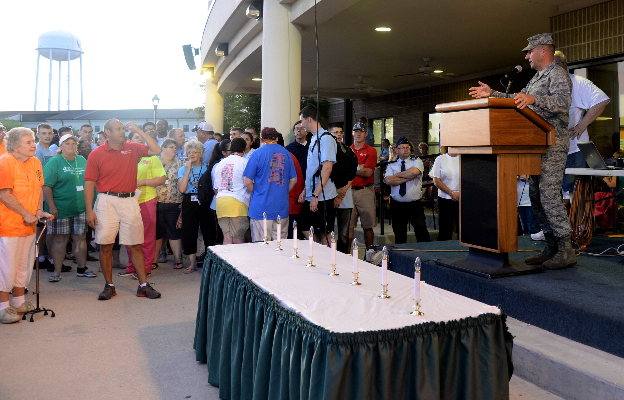 Brig. Gen. Patrick Higby, 81st Training Wing commander, speaks at the 2015 Mississippi State Special Olympics closing ceremonies, May 9, 2015, Keesler Air Force Base, Miss. Approximately 752 athletes competed in 55 sports, ranging from aquatics to track and field events throughout the two day event. More than 2,500 Airmen and civilian volunteers and 266 coaches helped make the event a success. This year was the 29th year Keesler has hosted the event. (U.S. Air Force photo by Senior Airman Holly Mansfield)