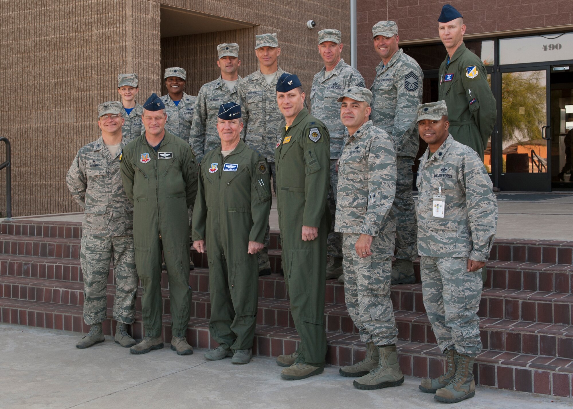 General Hawk Carlisle, Commander of Air Combat Command, poses with Holloman leaders during an immersion visit to Holloman Air Force Base, N.M., May 8, 2015.This is Carlisle’s first visit to Holloman since taking command of ACC in Nov. 2014. During the visit Carlisle met with leaders and Airmen from the base, and discussed Holloman’s mission and accomplishments. (U.S. Air Force photo by Senior Airman Leah Ferrante/released)