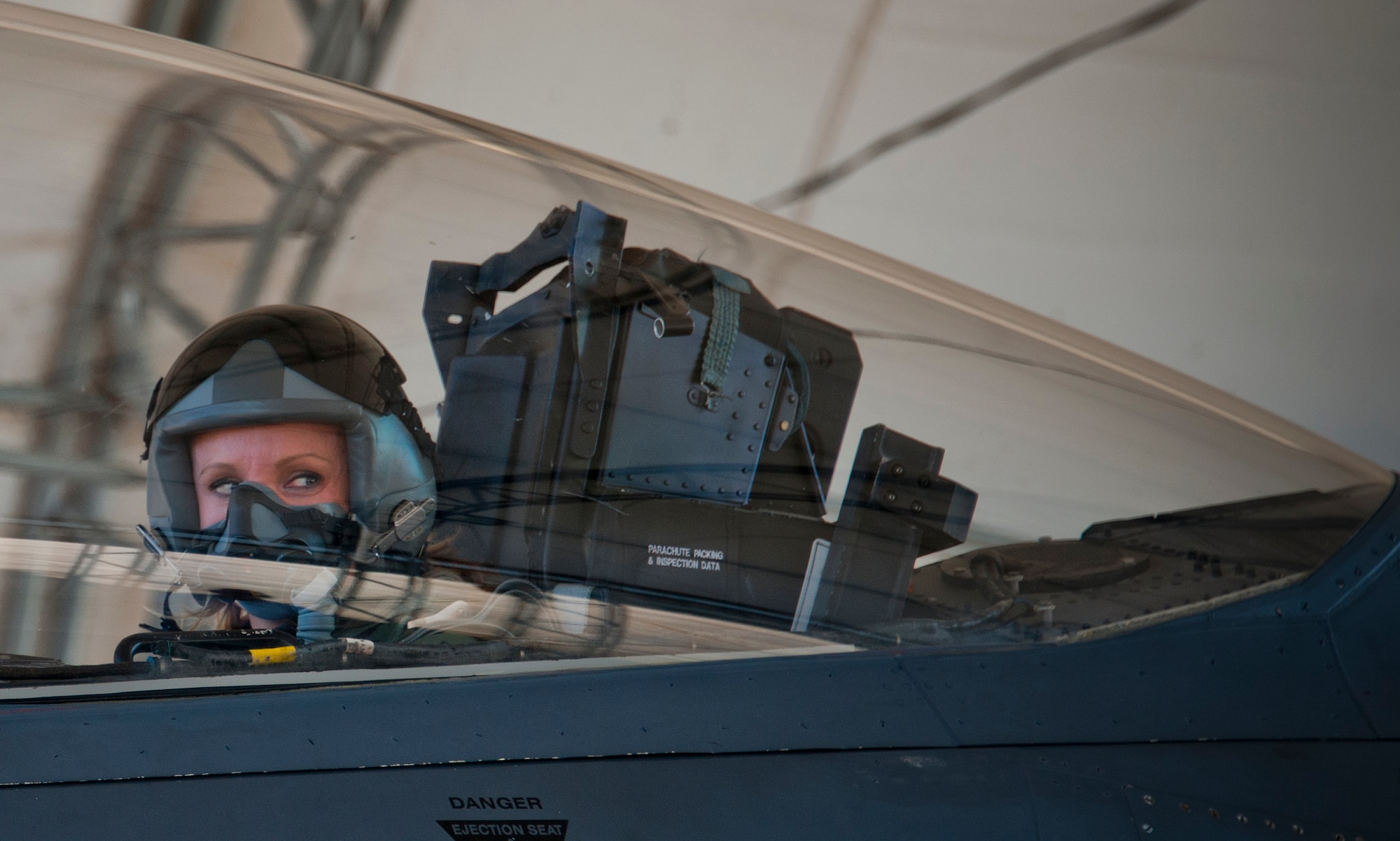 Whitney Smith, the 53rd Wing honorary commander, prepares for takeoff during an incentive flight May 7 at Eglin Air Force Base, Fla. Smith had the opportunity to fly in an F-15E Strike Eagle piloted by Maj. William Wooten, of the 85th Test and Evaluation Squadron. This was the first incentive flight awarded to a 53rd Wing honorary commander in more than three years. The 53rd Wing’s honorary commander program allows local community members a unique opportunity to interact with and learn about 53rd Wing Airmen, their mission and the role they play in supporting the Air Force. (U.S. Air Force photo/Sara Vidoni)