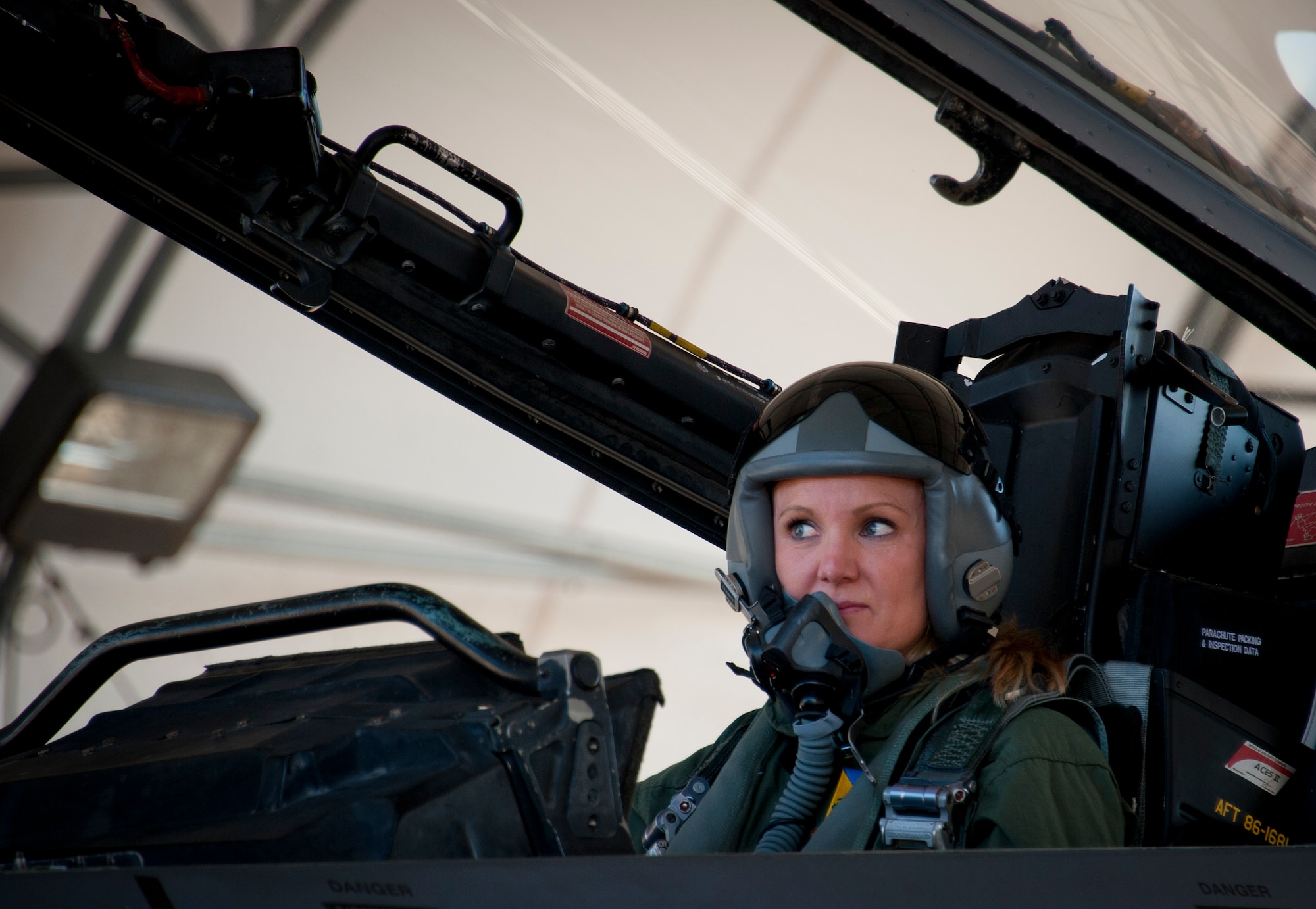 Whitney Smith, the 53rd Wing honorary commander, prepares for takeoff during an incentive flight May 7 at Eglin Air Force Base, Fla. Smith had the opportunity to fly in an F-15E Strike Eagle piloted by Maj. William Wooten, of the 85th Test and Evaluation Squadron. This was the first incentive flight awarded to a 53rd Wing honorary commander in more than three years. The 53rd Wing’s honorary commander program allows local community members a unique opportunity to interact with and learn about 53rd Wing Airmen, their mission and the role they play in supporting the Air Force. (U.S. Air Force photo/Sara Vidoni)