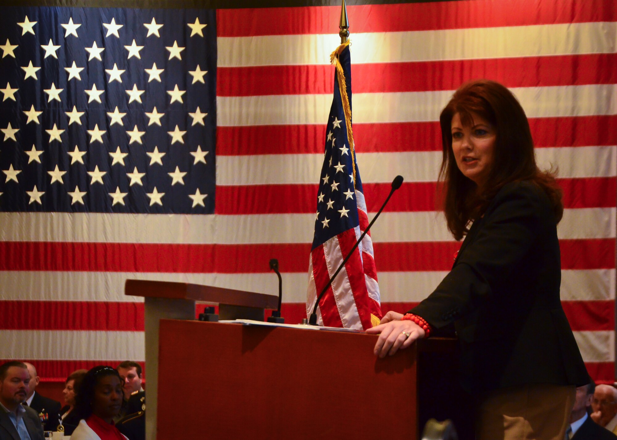 Wisconsin Lt. Gov. Rebecca Kleefisch addresses service members and their employers at the ESGR Breakfast with the Boss event at the Milwaukee County War Memorial May 11, 2015.  The ESGR Breakfast with the Boss event recognizes the civilian employers of guardsmen and reservists for the support and flexibility they give to service members.  (U.S. Air National Guard photo by Tech. Sgt. Jenna Lenski/Released)