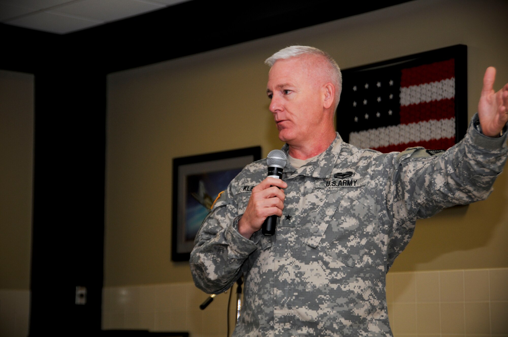 U.S. Army Brig. Gen. Keith Klemmer, Arkansas deputy adjutant general, speaks to Airmen during a prayer breakfast held May 3, 2015 at Ebbing Air National Guard Base, Fort Smith, Ark. The breakfast was hosted by the 188th Chaplain's office to support the Airmen in their spiritual beliefs. (U.S. Air National Guard photo by Senior Airman Cody Martin/released)
