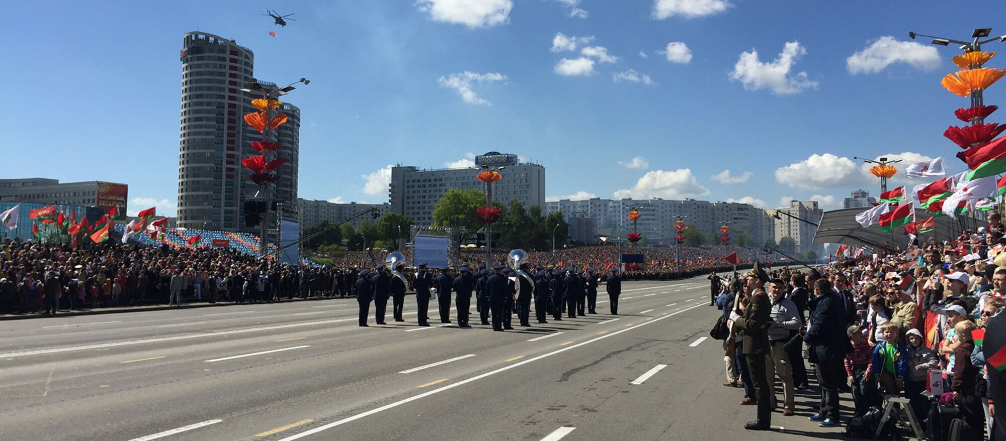 MINSK, BELARUS -- Thirty-four Airmen from the U.S. Air Forces in Europe Band 
march in the World War II Victory Day Parade attended by approximately 150,000 
people, May 9, 2015, in Minsk, Belarus. The band's involvement is the first 
time in Belarus' history that participants from the U.S. Department of Defense 
marched in the parade.  The event commemorates the sacrifices of the World War 
II Allies and the end of hostilities 70 years ago. In addition to their 
participation in the Victory Day parade, which included more than 5,000 
Belarussian soldiers and 250 military vehicles, the USAFE bandsmen performed 
in concerts in Brest and Minsk, Belarus. (U.S. Air Force photo by Master Sgt. 
Brian Bahret)