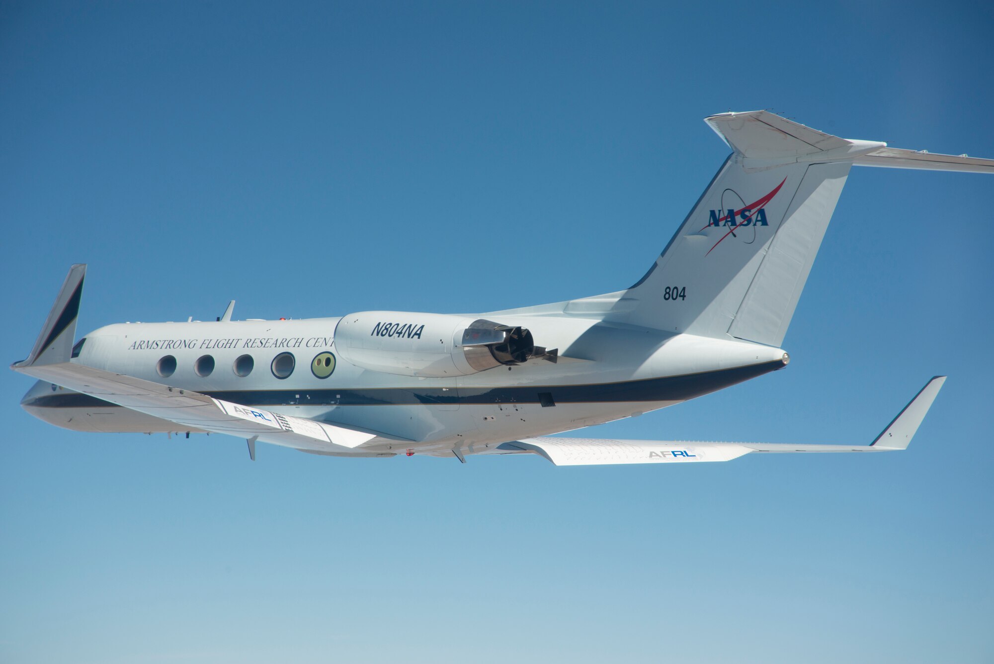 The modified Gulfstream III flight research aircraft with an adaptive compliant wing trailing edge is shown with 25 degrees of trailing edge deflection. (Courtesy photo)