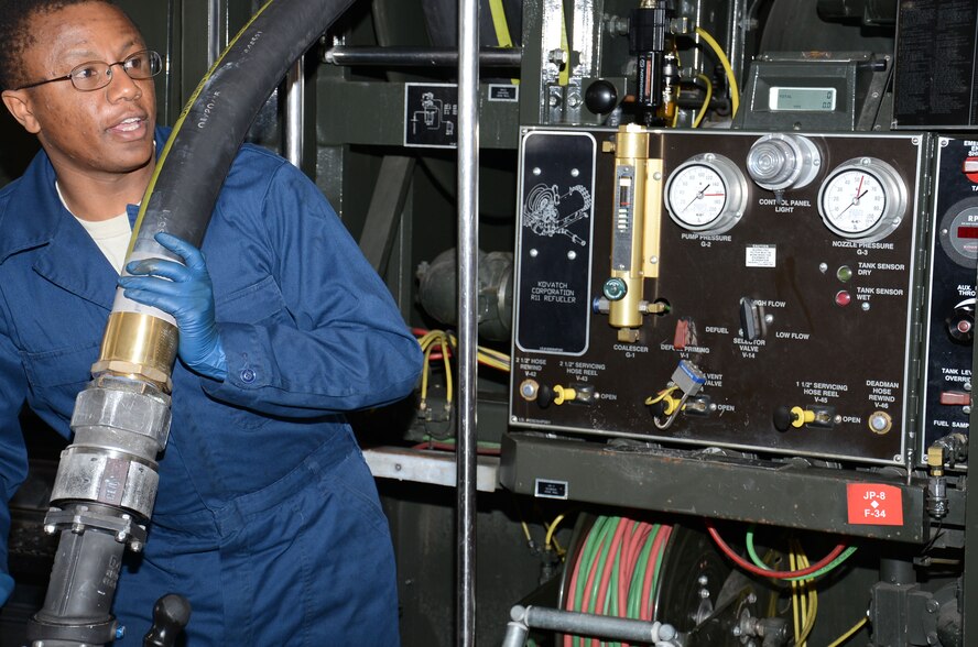 U.S. Air Force Staff Sgt. Peter Mwangi, 100th Logistics Readiness Squadron NCO in charge of refueling maintenance from Las Vegas, Nev., reels out a fuel hose during maintenance for an R-11 fuels truck April 23, 2015, on RAF Mildenhall, England. The two-and-a-half inch underwing refueling hose, capable of delivering approximately 600 gallons of fuel per minute, needed to be replaced. (U.S. Air Force photo by Gina Randall/Released)