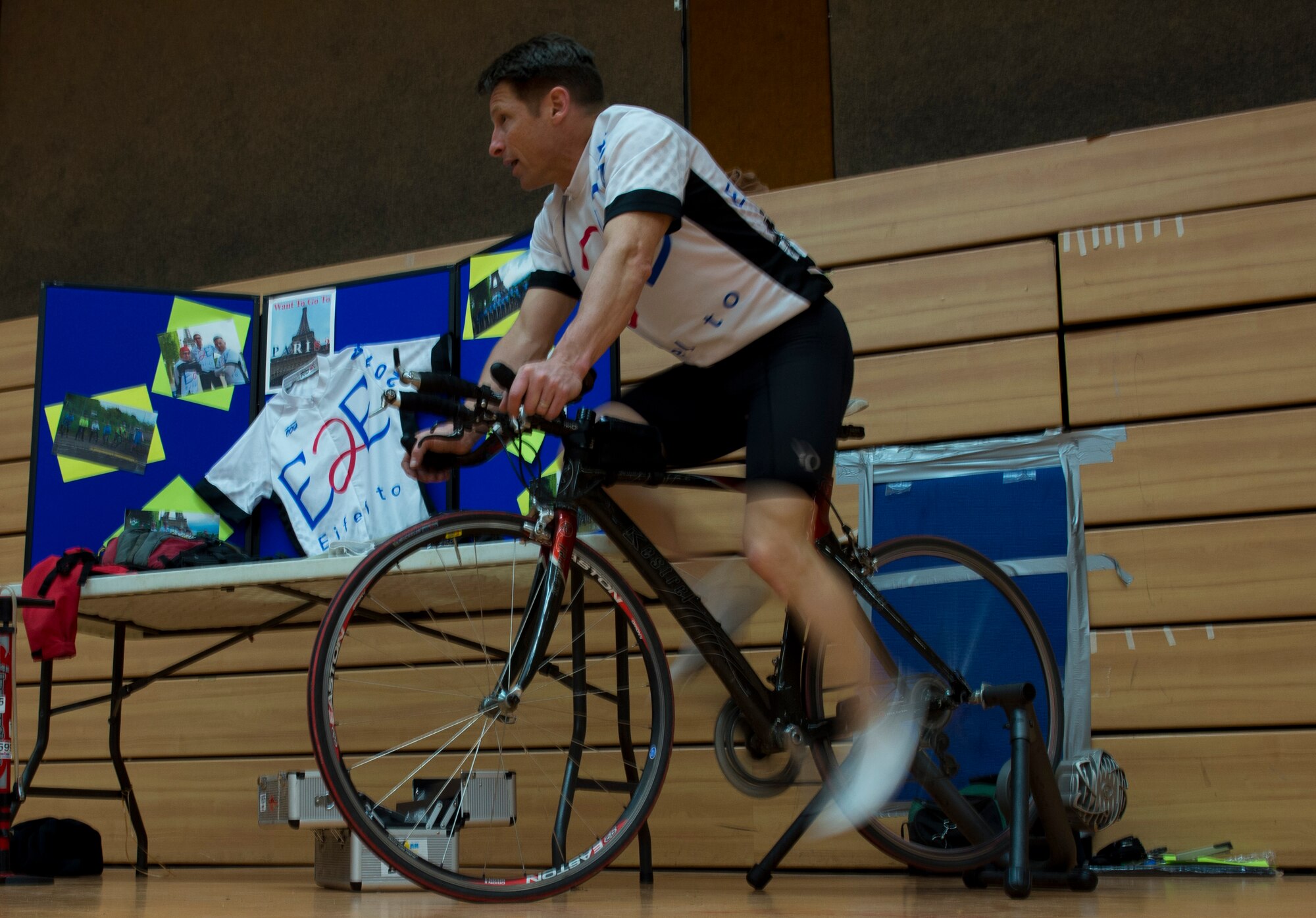 U.S. Air Force Lt. Col. Dan Murray, 52nd Aerospace Medicine Squadron commander and 52nd Fighter Wing public health emergency officer, rides a stationary bicycle at the Skelton Memorial Fitness Center during the “RUFit for Summer” event on Spangdahlem Air Base, Germany, May 8, 2015. Murray promotes cycling as a healthy physical activity during the summer months. (U.S. Air Force photo by Airman 1st Class Luke Kitterman/Released)  