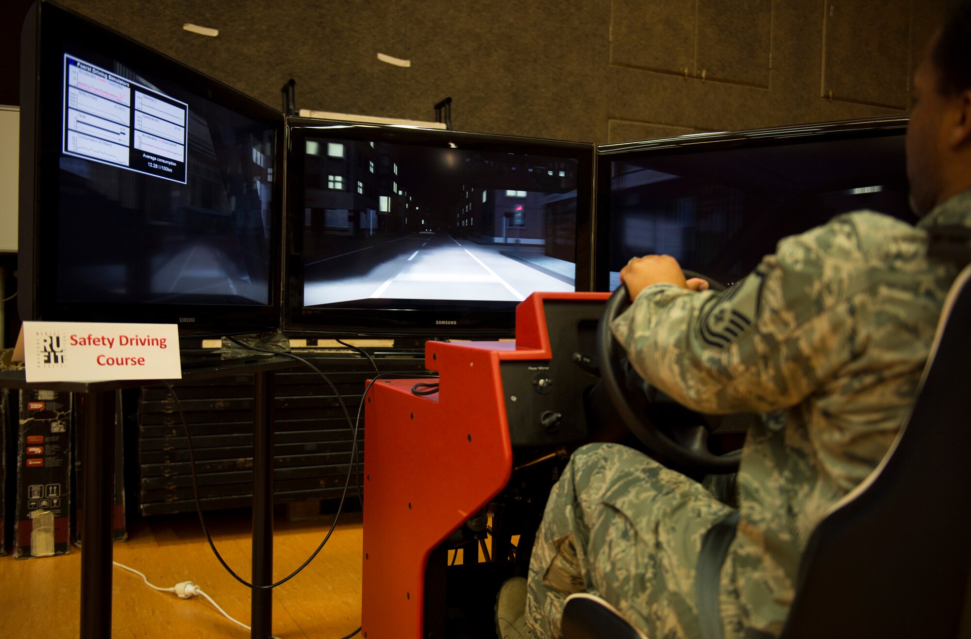 U.S. Air Force Master Sgt. Greer Stevenson, 52nd Fighter Wing motorcycle safety program manager, tests the safety driving simulator at the Skelton Memorial Fitness Center during the “RUFit for Summer” event on Spangdahlem Air Base, Germany, May 8, 2015. The simulator can alter the conditions such as weather, terrain and time of day and mimics the difficulties of driving while intoxicated. (U.S. Air Force photo by Airman 1st Class Luke Kitterman/Released)  