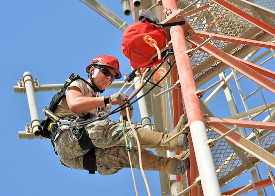 Senior Airman Eric, Cable Maintenance journeyman, , climbs a communication tower as part of a demonstration in support of the Air Force fall protection focus initiative at an undisclosed location in Southwest Asia May 11, 2015. According to the Air Force Safety Center website, the Air Force experiences hundreds of fall mishaps annually that result in thousands of lost man-hours as well as injuries and deaths. (U.S. Air Force photo/Tech. Sgt. Jeff Andrejcik)