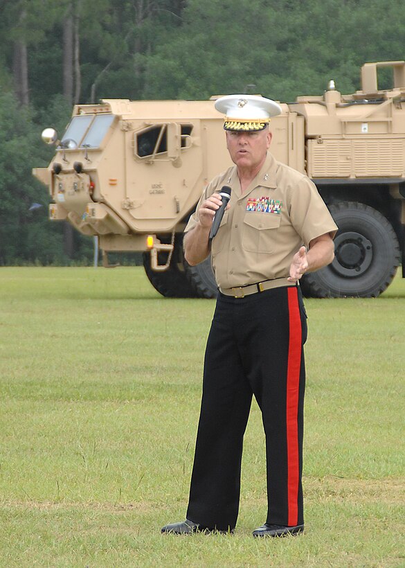 Maj. Gen. John J. Broadmeadow, outgoing commanding general, Marine Corps Logistics Command, addresses the crowd during a change of command ceremony held at Marine Corps Logistics Base Albany, Georgia, May 12.