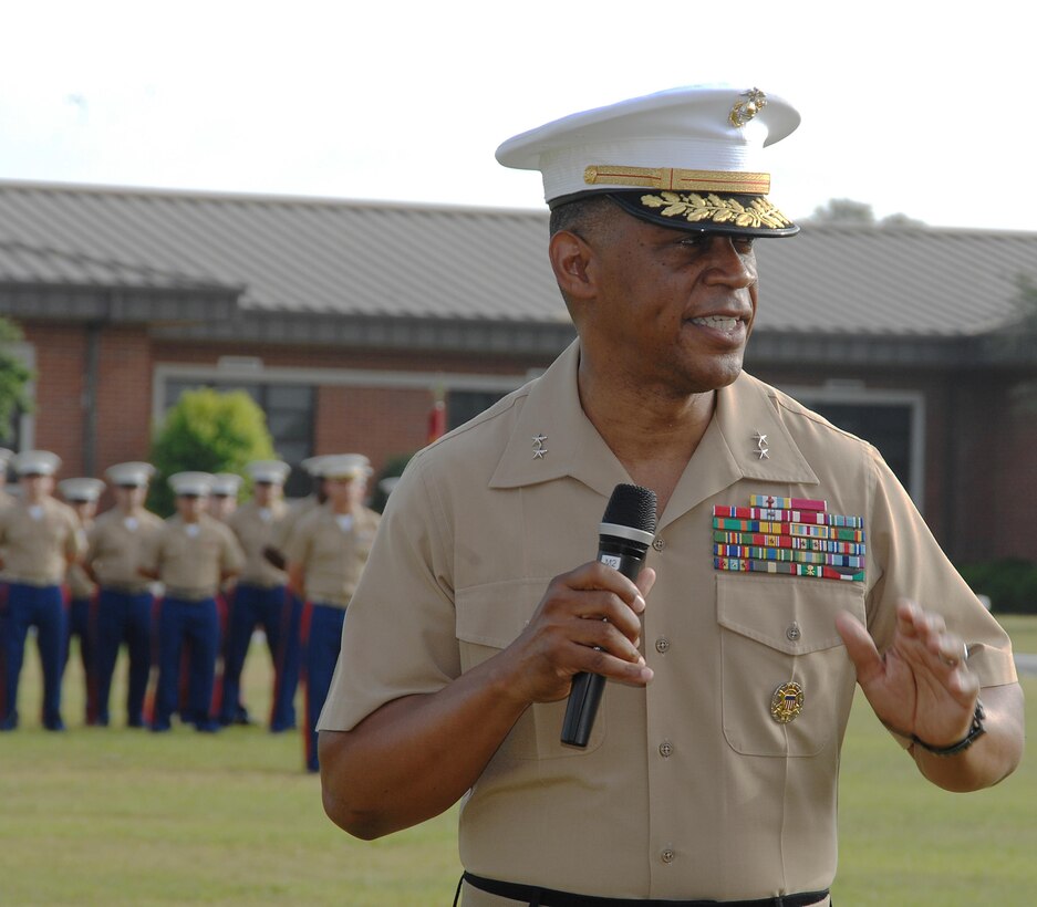 Maj. Gen. Craig C. Crenshaw, commanding general, Marine Corps Logistics Command, takes the helm of LOGCOM after a change of command ceremony held at Marine Corps Logistics Base Albany, Ga., May 12.