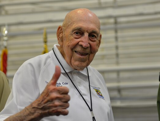 Retired Lt. Col.  Dick Cole smiles after telling his story at the Doolittle Raiders ceremony at Naval Air Station Pensacola May 8, 2015. Cole, who is 99 years old, was Lt. Col. Jimmy Doolittle’s co-pilot on the lead aircraft, and dropped the first American bombs on Tokyo April 18, 1942. (U.S. Air Force photo/1st Lt. Ben Sowers)