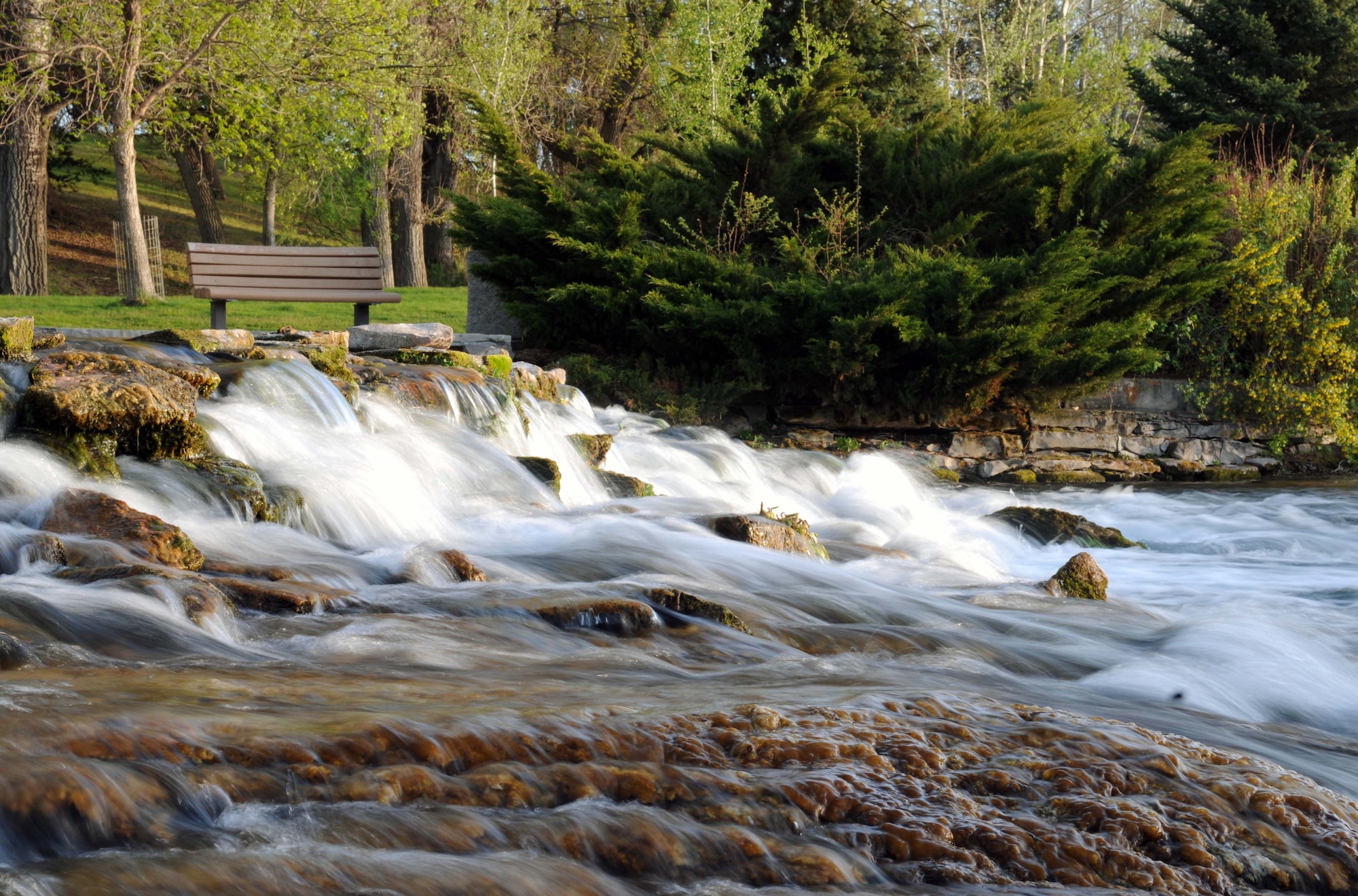 The 156 million gallons of water pumped into the rivers every day create waterfalls at Giant Springs State Park in Great Falls, Mont. The park is open-year round from 8 a.m. to sunset. (U.S. Air Force photo/2nd Lt. Annabel Monroe)