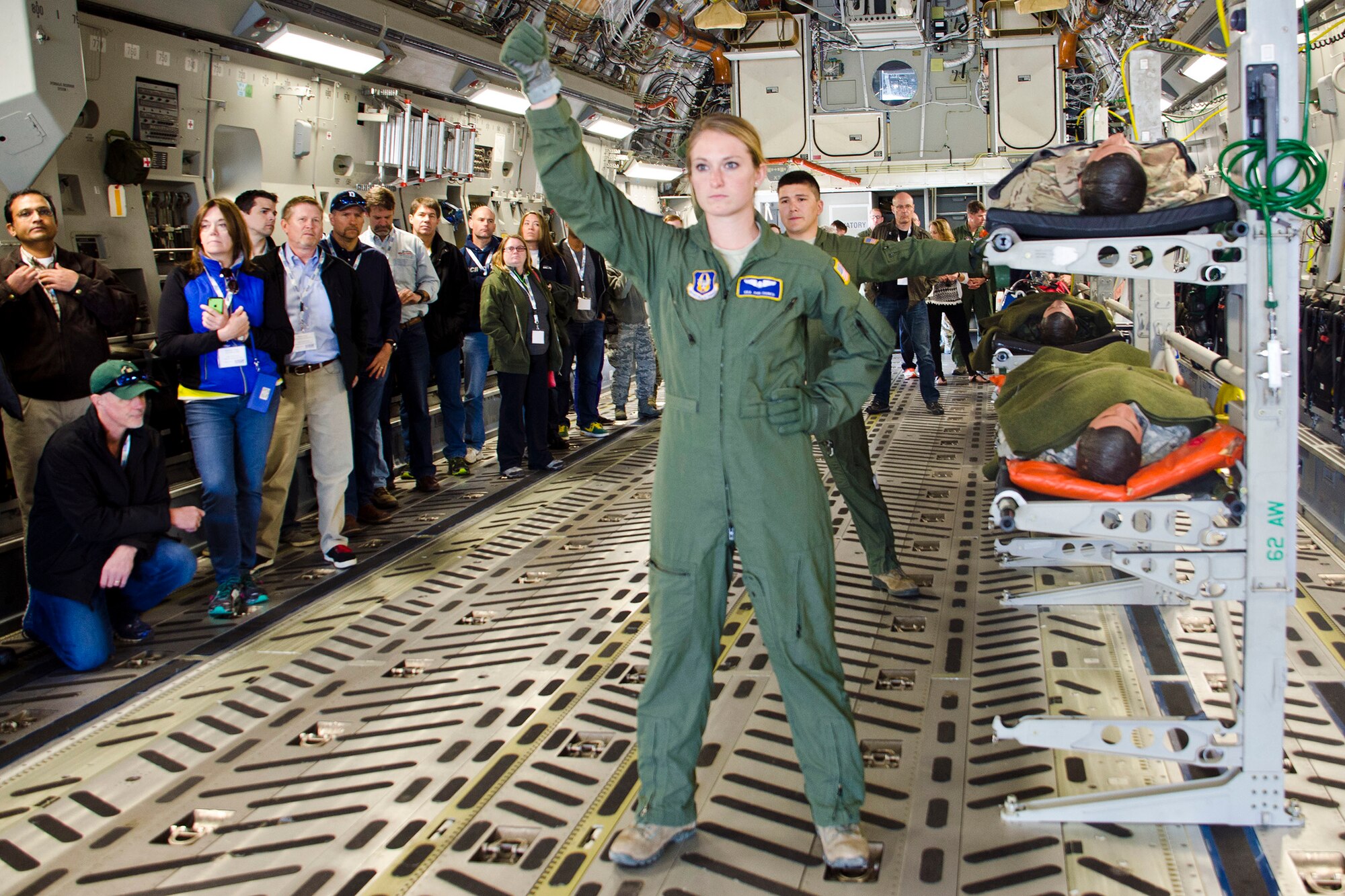 Employers participating in Employer Orientation Day witness a demonstration of a C-17 aeromedical on Joint base Lewis-McChord, Wash., May 2. The purpose of EOD was to strengthen the reservist-employer relationship by providing employers a better understanding of their Airman’s military missions and obligations (U.S. Army photos by Sgt. Jasmine Higgins)