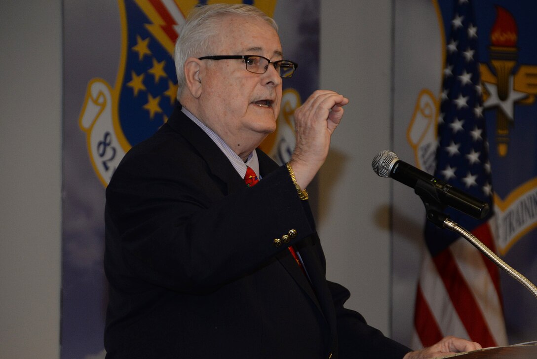 U.S. Air Force retired Col. Bernard Talley speaks at the annual Retiree Appreciation Day, May 1, 2015, at Sheppard Air Force Base, Texas. Having spent six and a half years as a prisoner of war in the Hanoi Hilton, Vietnam, Talley discussed the fundamentals of how he survived and how Airmen today can use those principals to develop lifelong character traits. 