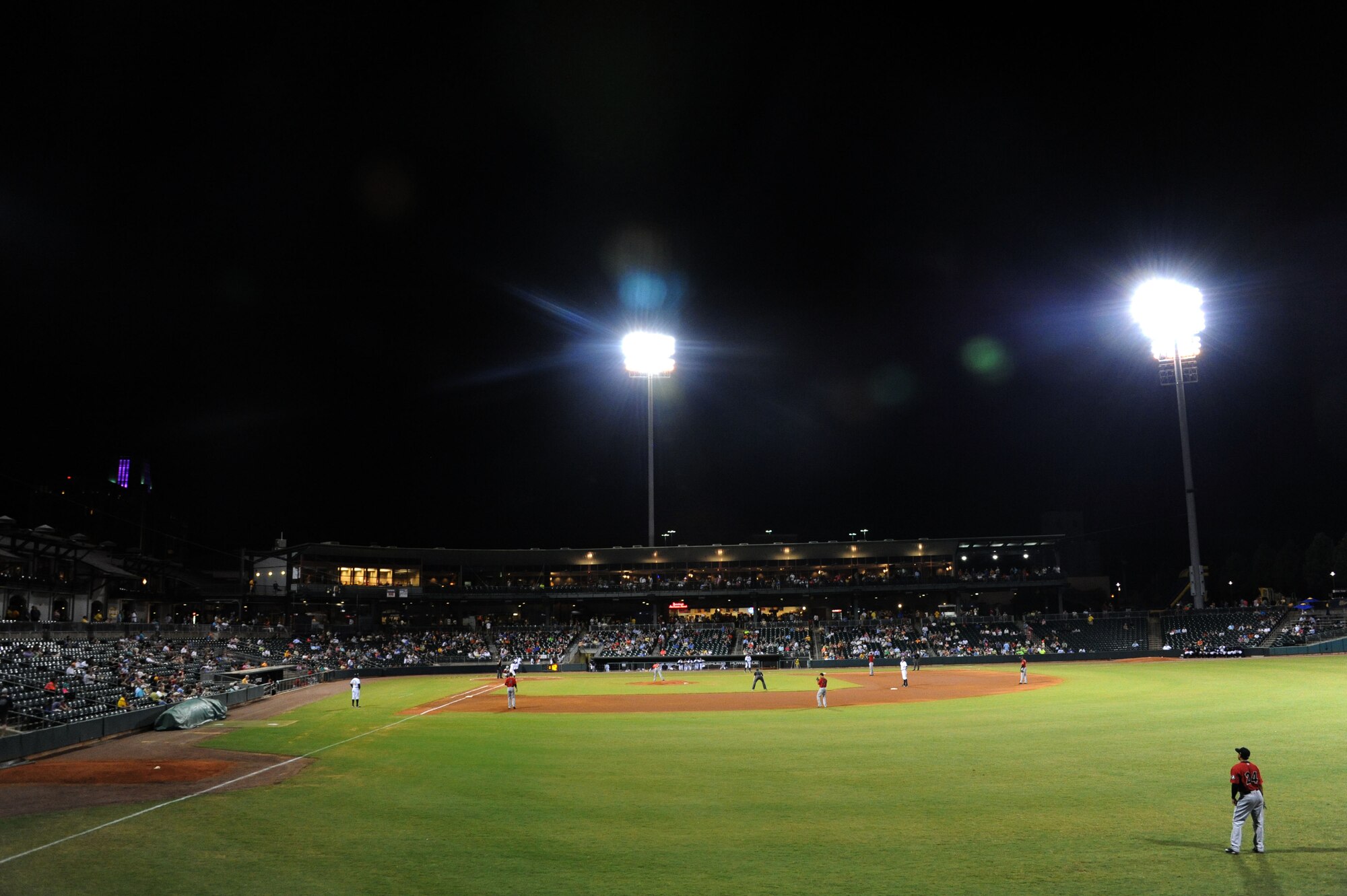 Montgomery Biscuits baseball stadium during the Montgomery Biscuits versus the Birmingham Barons game, May 6, 2015, Montgomery, Alabama. Air Education and Training Command’s 2015 12 Outstanding Airmen of the Year Award recipients from Maxwell Air Force Base watched the Montgomery Biscuits take the win with a final score of 7-0. (U.S. Air Force photo by Airman 1st Class Alexa Culbert/Cleared)