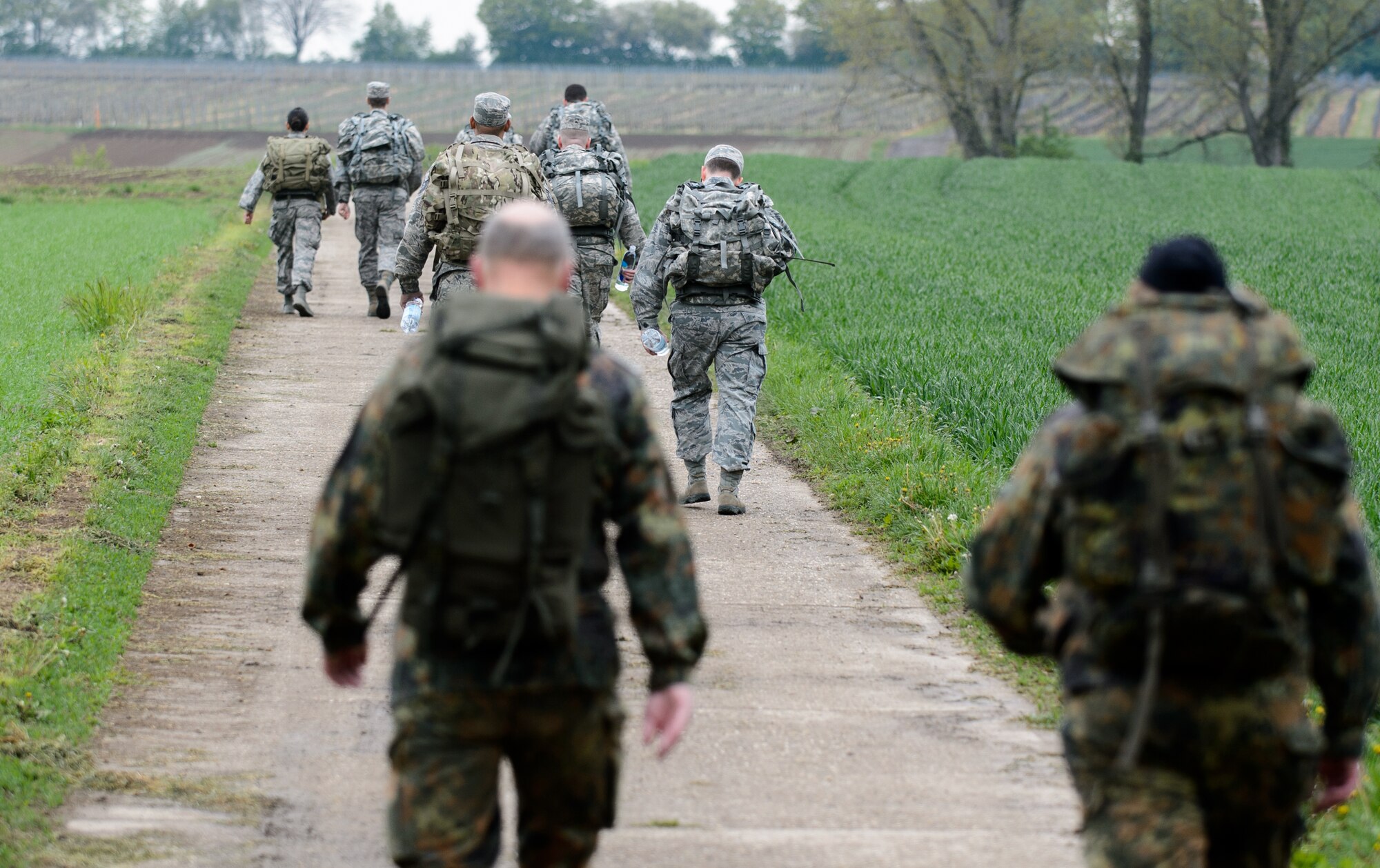Members from the 4th Air Support Operations Group and Rhineland-Pfalz Reservist Chapter Undenheim march along the German countryside May, 1, 2015, at Undenheim, Germany. The Airmen worked alongside the Rhineland-Pflaz Reservist to complete one of the many competitions to obtain a German Armed Forces Badge for Military Proficiency. (U.S. Air Force photo/Staff Sgt. Armando A. Schwier-Morales)