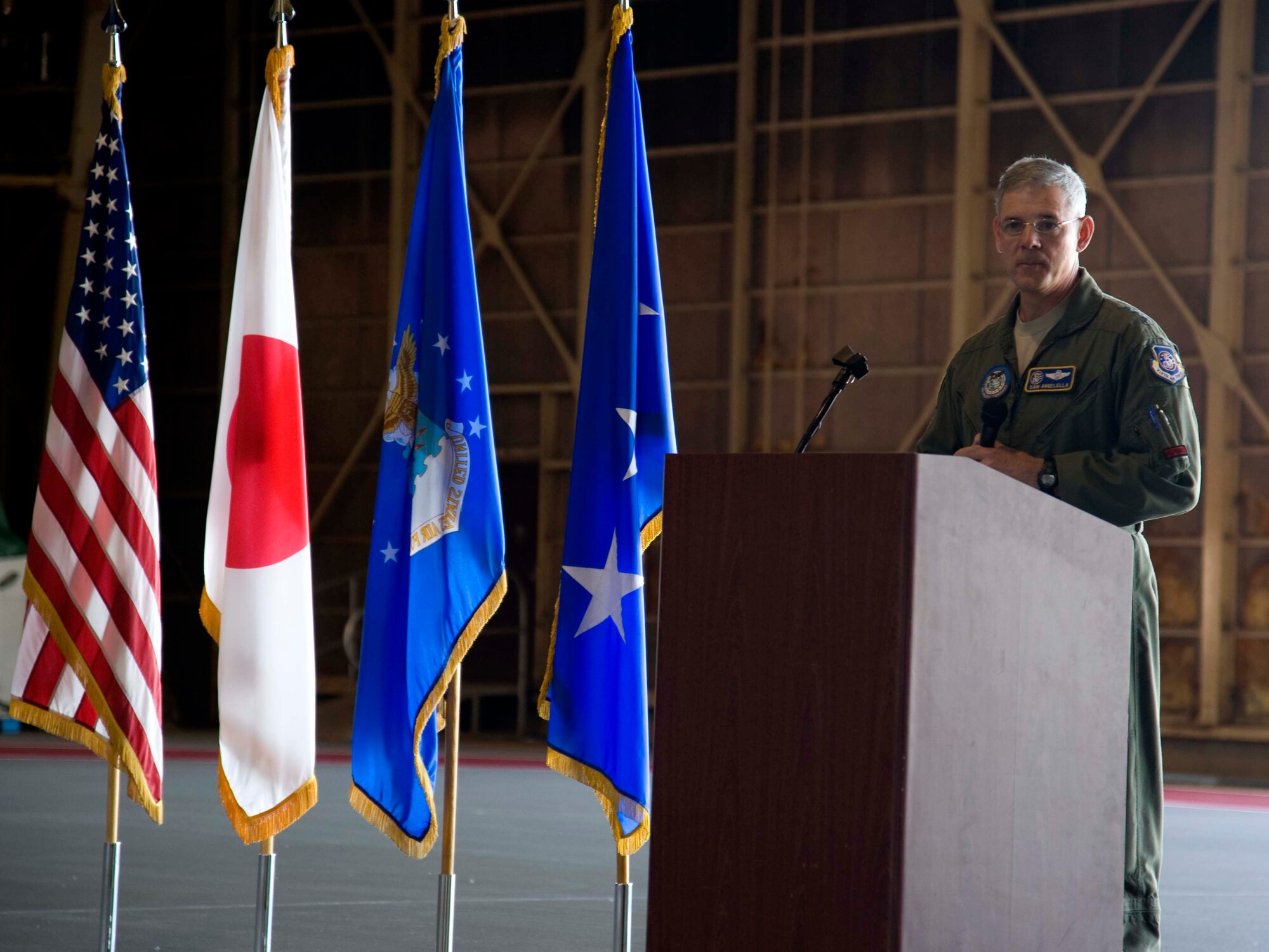 U.S. Air Force Lt. Gen. Sam Angelella, U.S. Forces Japan and 5th Air Force commander, addresses attendees of a ribbon cutting ceremony for the Type III Hydrant System at Misawa Air Base, Japan, May 11, 2015. Angelella saw the project come full circle, from the time he approved it during his time as the 35th Fighter Wing commander from 2005-2007, to its completion in February 2015. (U.S. Air Force photo by Airman 1st Class Jordyn Fetter/Released)