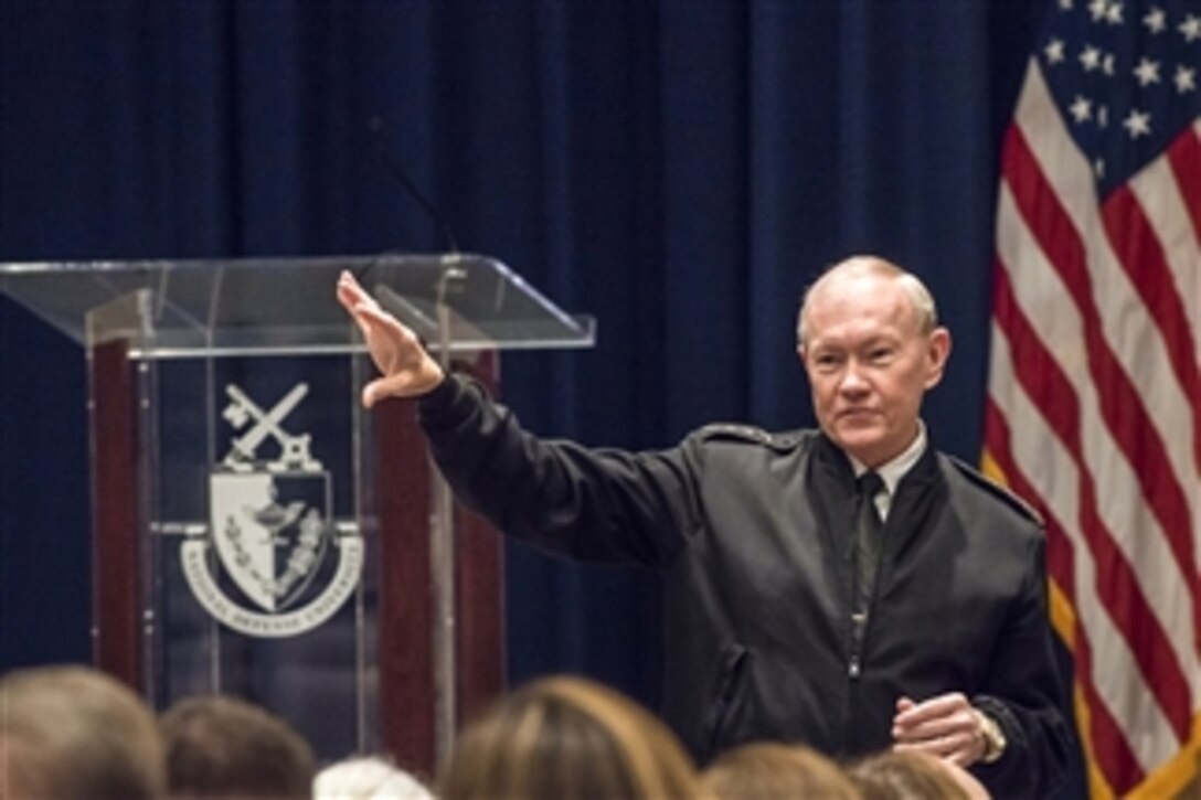 Army Gen. Martin E. Dempsey, chairman of the Joint Chiefs of Staff, speaks to students and spouses attending a Capstone course at the National Defense University on Fort McNair in Washington, D.C., May 12, 2015. Newly selected general and flag officers must take the course, which was created in 1982.