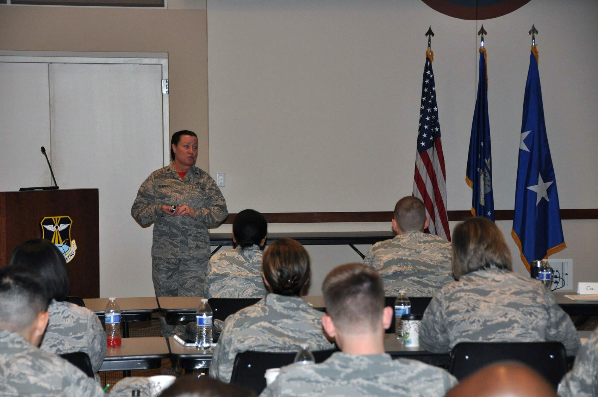 Maj. Susan Murphy, Air Reserve Personnel Center promotion board secretariat, speaks to students during the final Reserve Officer Development Course April 24, 2015, at the Leadership Development Center on Buckley Air Force Base, Colo.  The RODE course was comprised of 26 students, six Air Force Reserve senior leaders and two ARPC project officers who facilitated the event from April 23-26. In addition, seven ARPC personnel supported the 4-day course in various capacities. (U.S. Air Force photo/Tech. Sgt. Rob Hazelett)