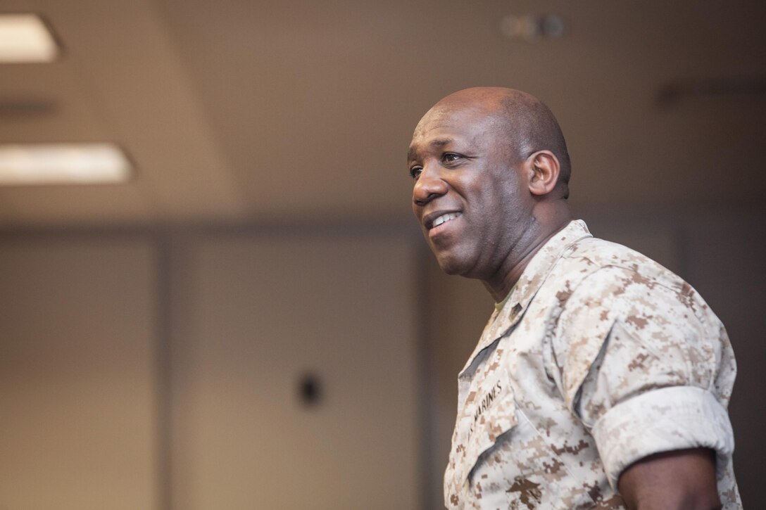 Sgt. Maj. Ronald L. Green, the 18th Sergeant Major of the Marine Corps, addresses Marines assigned to the Marine Corps Embassy Security Group  Headquarters at the Marine Corps Security School at Marine Corps Base Quanitco in Quantico, VA., May 12, 2015. (U.S. Marine Corps photo by Sgt. Melissa Marnell)