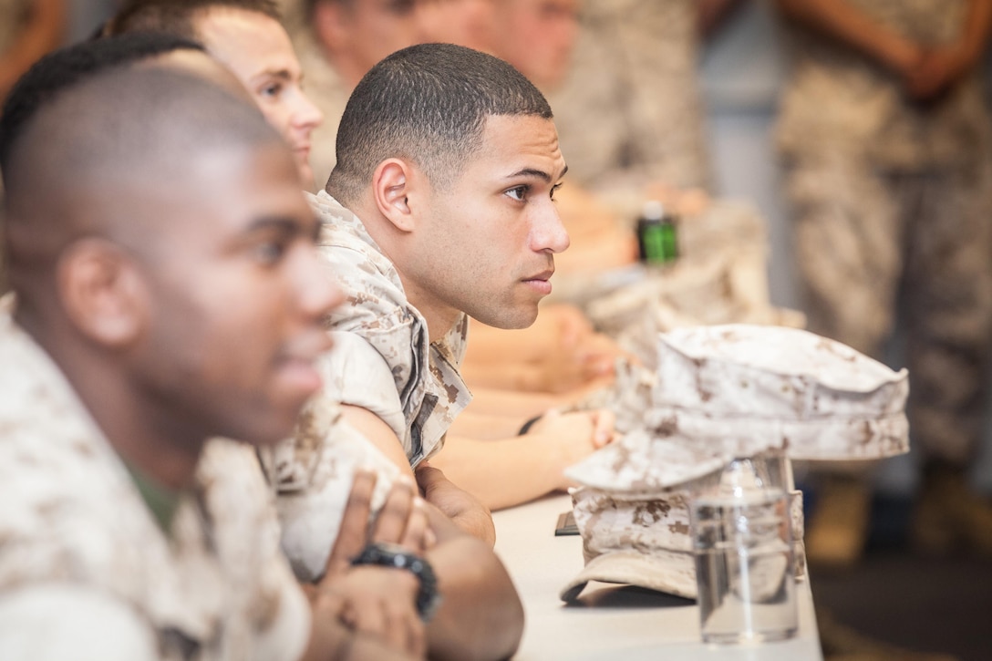 Sgt. Maj. Ronald L. Green, the 18th Sergeant Major of the Marine Corps, addresses Marines assigned to the Marine Corps Embassy Security Group  Headquarters at the Marine Corps Security School at Marine Corps Base Quanitco in Quantico, VA., May 12, 2015. (U.S. Marine Corps photo by Sgt. Melissa Marnell)