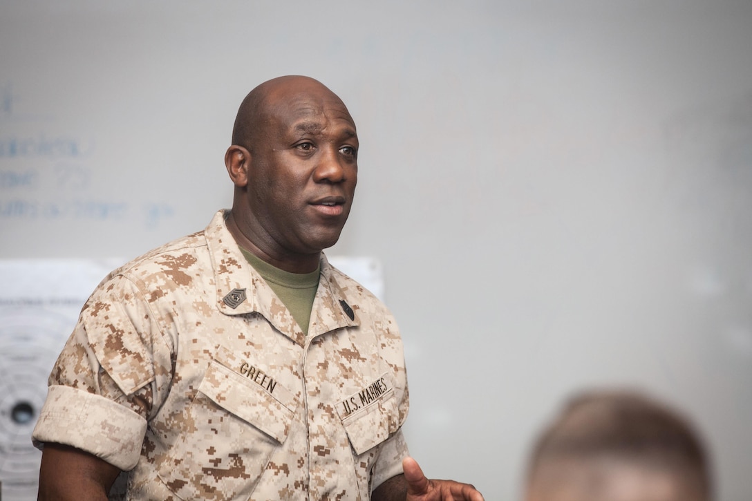 Sgt. Maj. Ronald L. Green, the 18th Sergeant Major of the Marine Corps, addresses Marines assigned to the Marine Corps Embassy Security Group  Headquarters at the Marine Corps Security School at Marine Corps Base Quanitco in Quantico, VA., May 12, 2015. (U.S. Marine Corps photo by Sgt. Melissa Marnell)