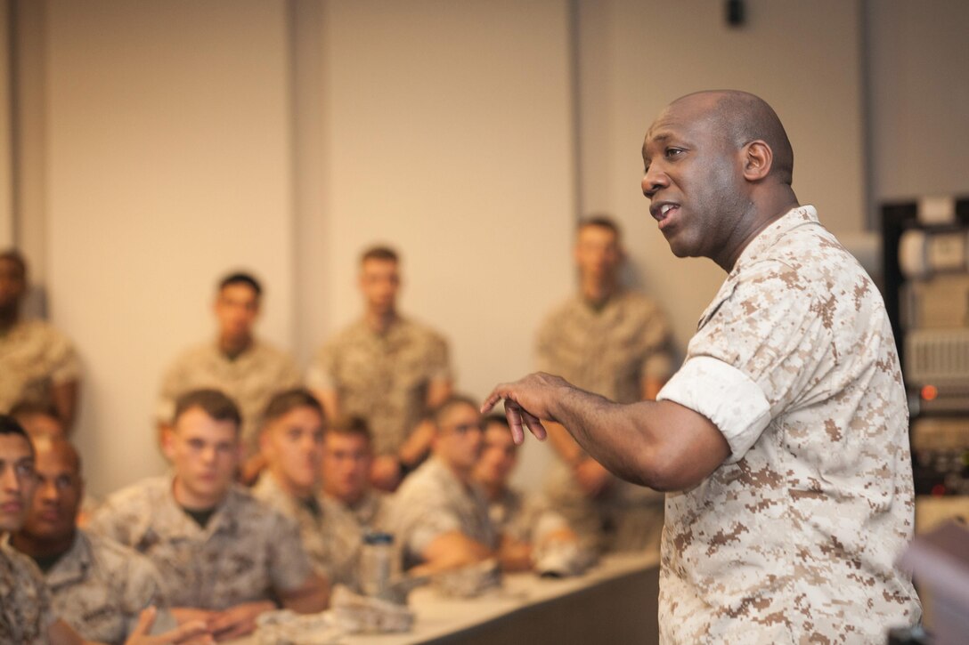 Sgt. Maj. Ronald L. Green, the 18th Sergeant Major of the Marine Corps, addresses Marines assigned to the Marine Corps Embassy Security Group  Headquarters at the Marine Corps Security School at Marine Corps Base Quanitco in Quantico, VA., May 12, 2015. (U.S. Marine Corps photo by Sgt. Melissa Marnell)