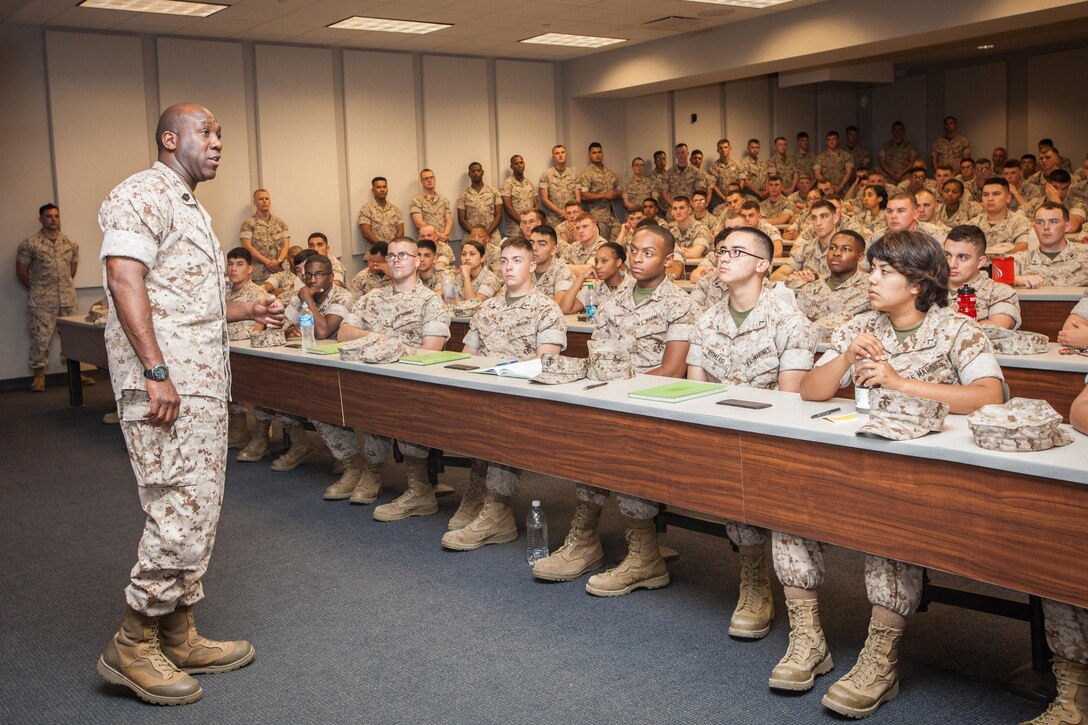 Sgt. Maj. Ronald L. Green, the 18th Sergeant Major of the Marine Corps, addresses Marines assigned to the Marine Corps Embassy Security Group  Headquarters at the Marine Corps Security School at Marine Corps Base Quanitco in Quantico, VA., May 12, 2015. (U.S. Marine Corps photo by Sgt. Melissa Marnell)
