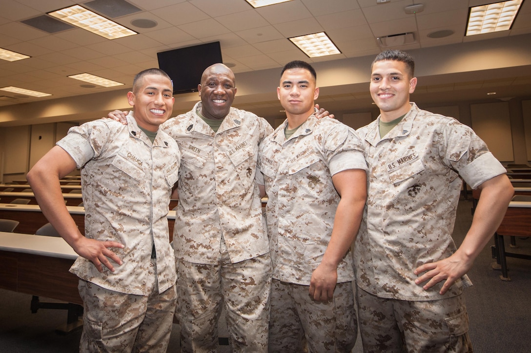 Sgt. Maj. Ronald L. Green, the 18th Sergeant Major of the Marine Corps, addresses Marines assigned to the Marine Corps Embassy Security Group  Headquarters at the Marine Corps Security School at Marine Corps Base Quanitco in Quantico, VA., May 12, 2015. (U.S. Marine Corps photo by Sgt. Melissa Marnell)