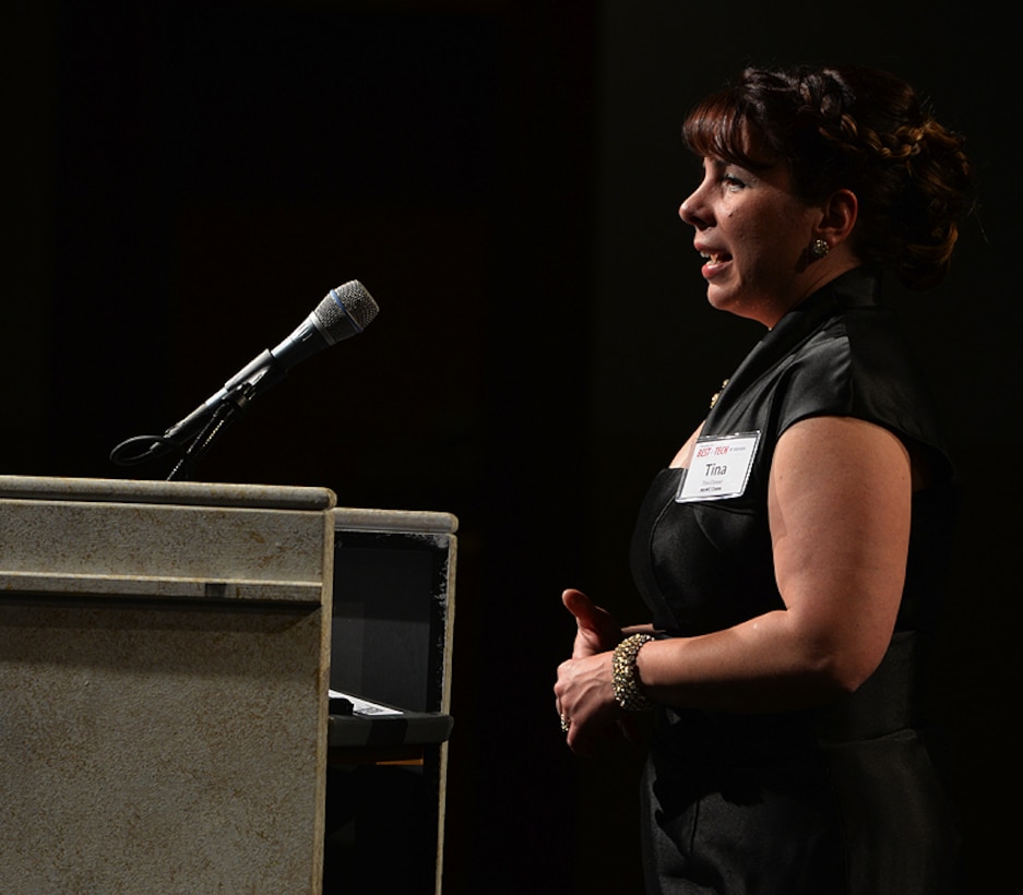 Ms. Tina Closser, STEM Director, NSWC Crane accepts the TechPoint Mira Award for Technology Excellence and Innovation at the JW Marriott in downtown Indianapolis.