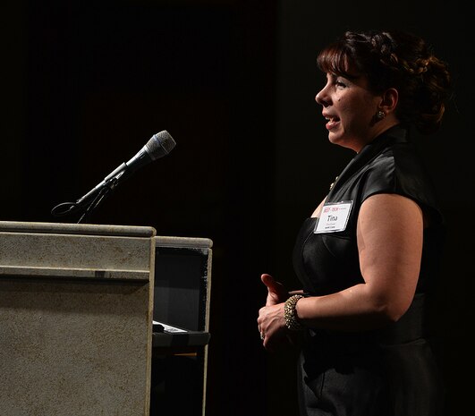 Ms. Tina Closser, STEM Director, NSWC Crane accepts the TechPoint Mira Award for Technology Excellence and Innovation at the JW Marriott in downtown Indianapolis.