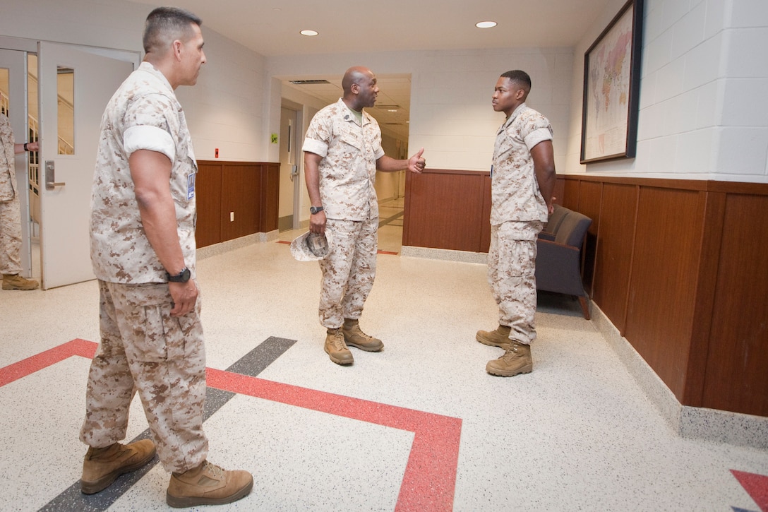 Sgt.Maj. Ronald L. Green, the 18th Sergeant Major of the Marine Corps, greets Marines assigned to the Marine Corps Embassy Security Group Headquarters at the Marine Corps Security School at Marine Corps Base Quantico in Quantico, VA, May 12, 2015. (U.S. Marine Corps photo by Sgt. Melissa Marnell)