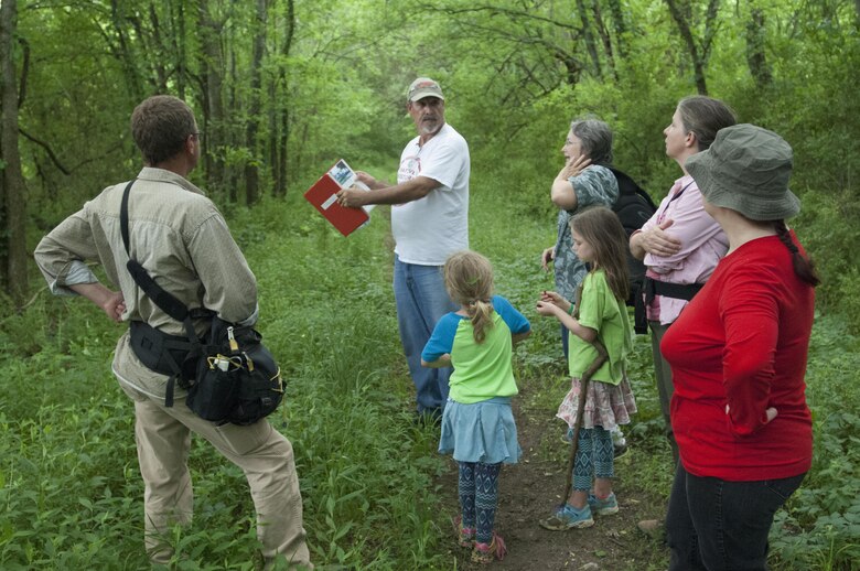 Native History Association President Pat Cummins (Center) leads a historic tour on Twin Forks Horse Trail near the East Fork Recreation Area in Smyrna, Tenn., May 9, 2015 on a rediscovered segment of the Trail of Tears.  Signs have been posted that mark the area where Cherokee Indians passed through the area in 1838 on the way to Indian Territory in present day Oklahoma.