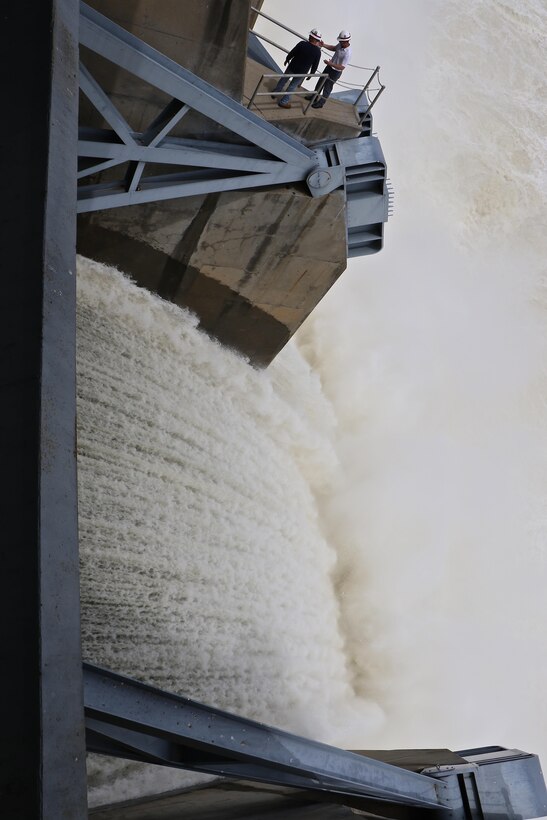 The U.S. Army Corps of Engineers, Tulsa District, conducts a controlled release of water from the Lake Eufaual Dam at a rate of 48 thousand cubic feet per second. The water is being released as part of the District's overall regional flood risk reduction efforts following several days of heavy rains in the area. 