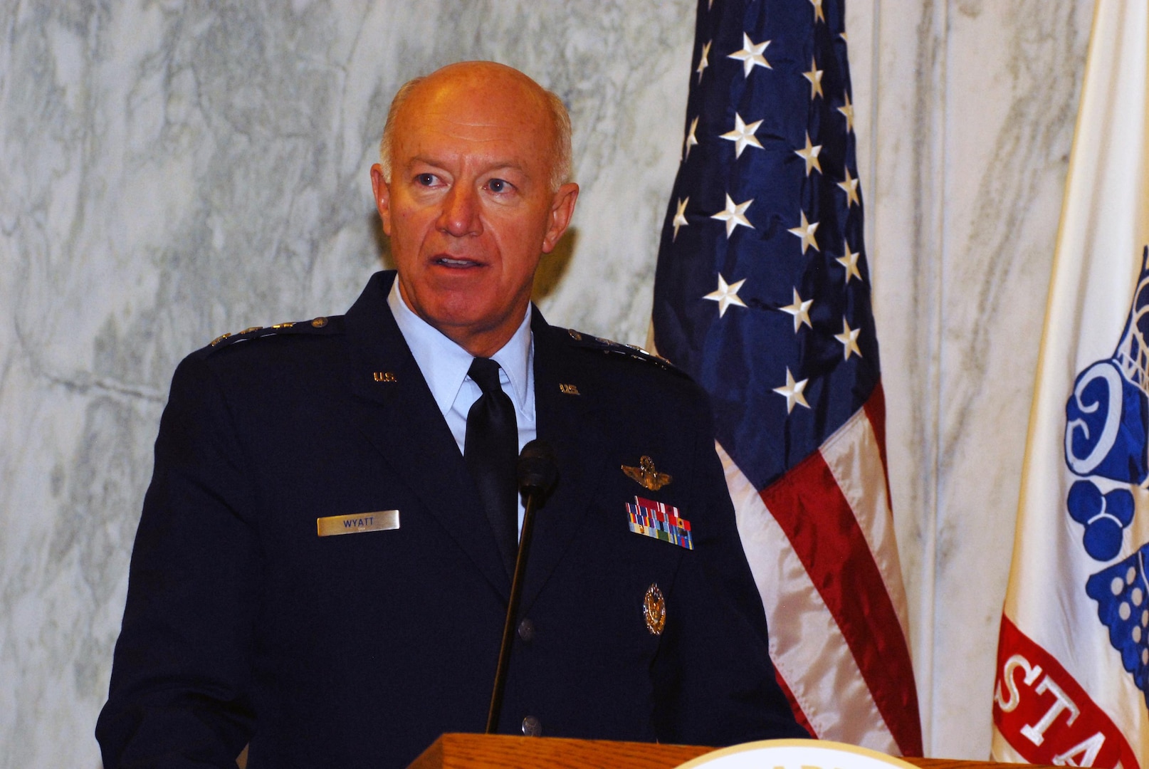 Lt. Gen. Harry "Bud" Wyatt, director of the Air National Guard, speaks during a birthday ceremony commemorating the 374th birthday of the National Guard, on Capitol Hill, Dec. 9, 2010. The National Guard Association of the United States hosted the event, which was held in the Rayburn House Office Building.
