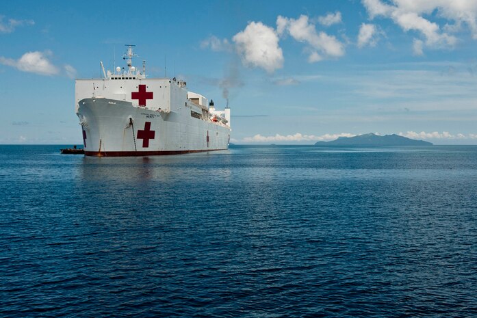 In this photo file, the Military Sealift Command hospital ship USNS Mercy (T-AH 19) sits off the coast of the Philippines during Pacific Partnership 2012. Now in its seventh year, Pacific Partnership is a U.S. Pacific Fleet humanitarian and civic assistance mission U.S. military, host and partner nations, non-governmental organizations and international organizations designed to build stronger relationships and disaster response capabilities in the Asia-Pacific region. 