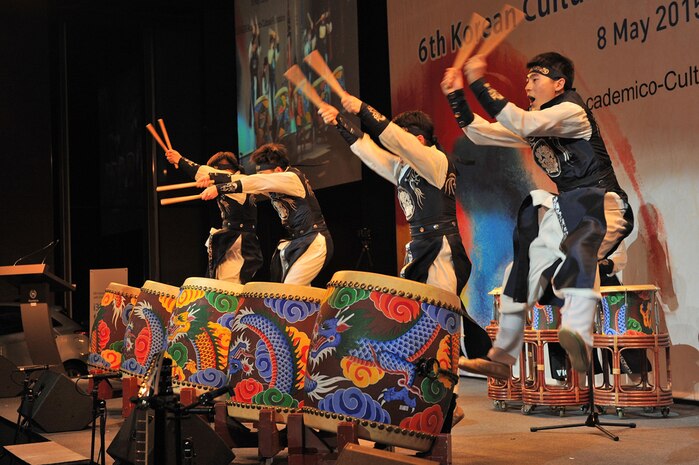 YONGSAN GARRISON, Republic of Korea (May 8, 2015) - Members of the South Korean Command Defense Command perform a traditional Korean percussion piece during the 6th Annual Korean Culture Night at the Sheraton Grande Walker Hill Hotel in Seoul.  