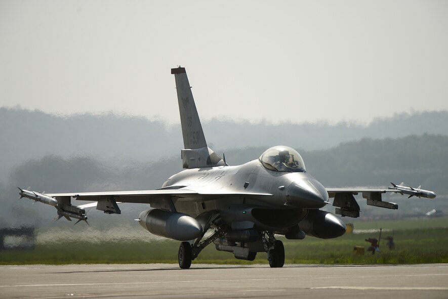 An F-16 taxis on the runway during operational readiness exercise Beverly Midnight 15-02 May 13, 2015, at Osan Air Base, Republic of Korea. The ORE was part of Team Osan's quarterly exercises which test the base's readiness. (U.S. Air Force photo by Staff Sgt. Jake Barreiro)