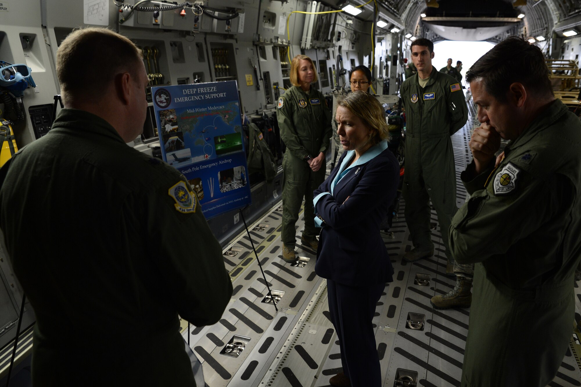 Miranda Ballentine, assistant secretary of the Air Force for installations, environment, and energy, is briefed about Operation Deep Freeze May 11, 2015, at Joint Base Lewis-McChord, Wash. ODF is the Air Force’s transportation support of the National Science Foundation’s work in Antarctica. (U.S. Air Force photo\ Staff Sgt. Tim Chacon)