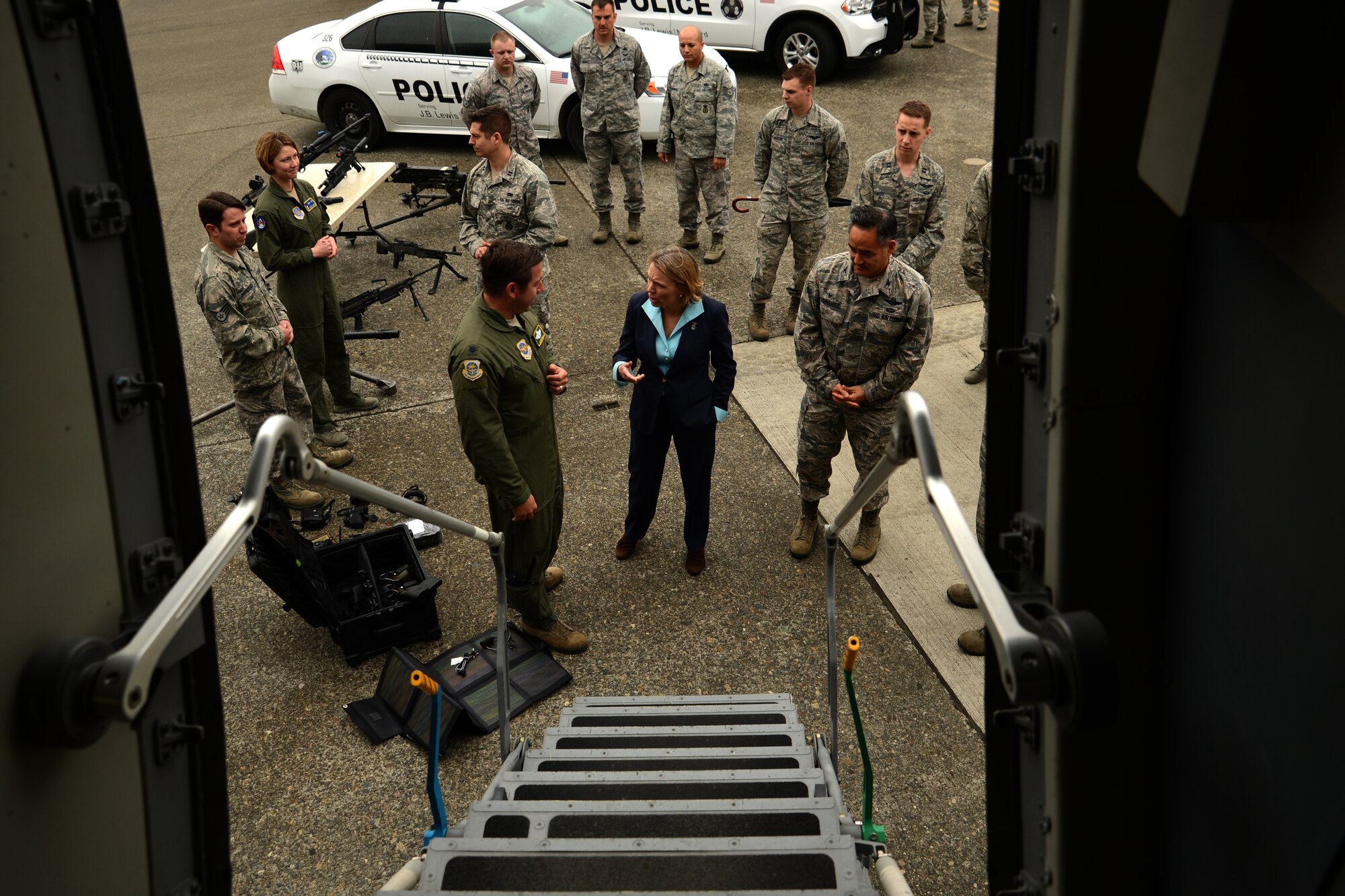 Miranda Ballentine(front,center), assistant secretary of the Air Force for installations, environment, and energy,  prepares to tour a C-17 Globemaster III assigned to the 62nd Airlift Wing May 11, 2015, at Joint Base Lewis-McChord, Wash. The 62nd AW has 48 C-17s. (U.S. Air Force photo\ Staff Sgt. Tim Chacon)