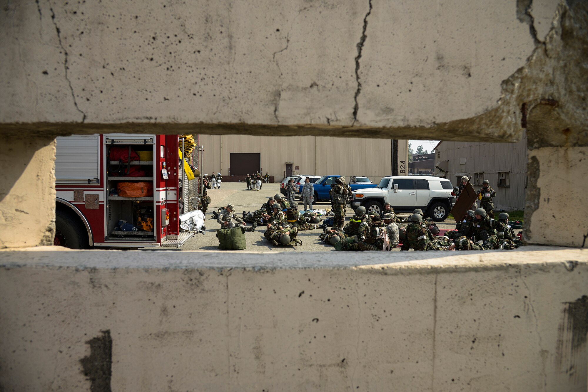 View of a simulated mass casualty scene May 12, 2015, at Osan Air Base, Republic of Korea. These scenarios provide first responders and emergency personnel a chance practice the quick reactions to emergency scenes. (U.S. Air Force photo by Staff Sgt. Jake Barreiro/Released)