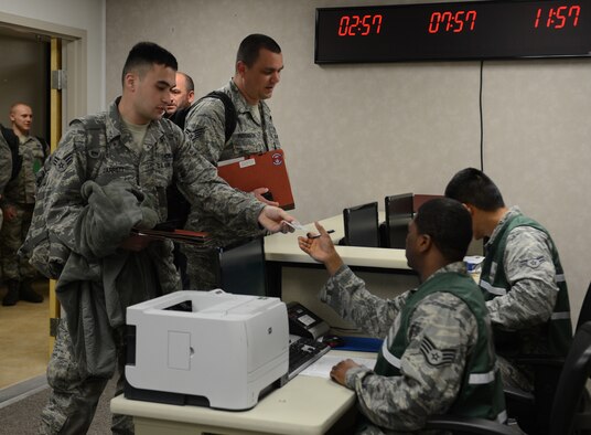 Airmen process through a terminal during a Constant Vigilance deployment exercise at Barksdale Air Force Base, Louisiana, May 5, 2015. Training and exercise participation are critical to Air Force Global Strike Command's ability to respond quickly and effectively to real-world situations. (U.S. Air Force photo/Senior Airman Benjamin Gonsier)