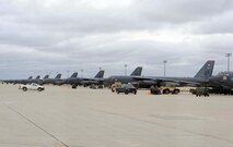 Air Force Global Strike Command B-52H Stratofortresses sit on the Minot Air Force Base flightline after being loaded with air-launched cruise missiles during a Constant Vigilance aircraft generation exercise May 7, 2015. AFGSC regularly conducts training operations and exercises to ensure its forces are ready to provide the President and combatant commanders with nuclear deterrence and long-range strike capabilities whenever and wherever called upon to do so. (U.S. Air Force photo/Senior Airman Kristoffer Kaubisch)