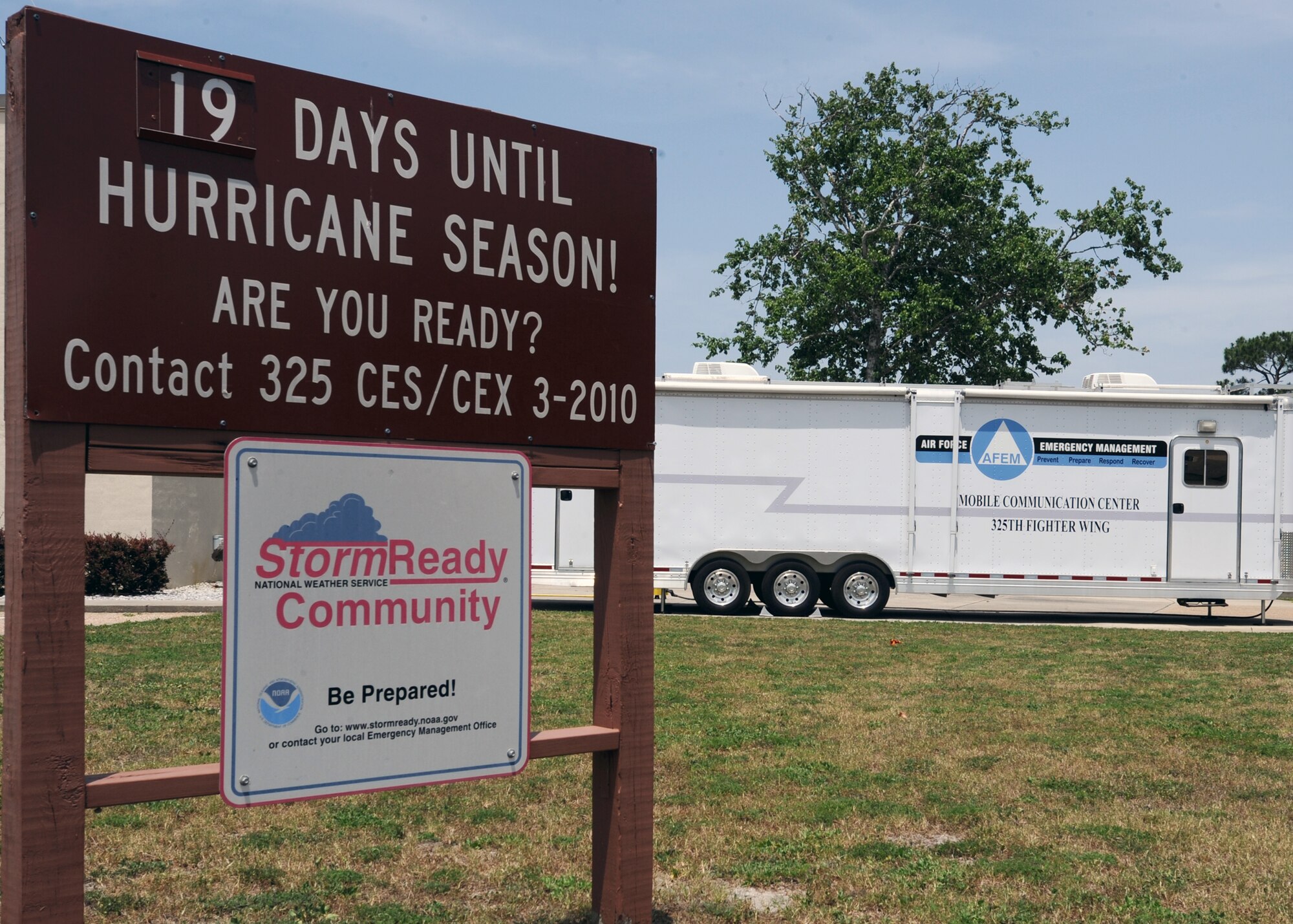 A sign displayed outside the 325th Civil Engineer Squadron Readiness and Emergency Management building displays the number of days until Hurricane season begins. (U.S. Air Force photo by Airman 1st Class Ty-Rico Lea/Released)