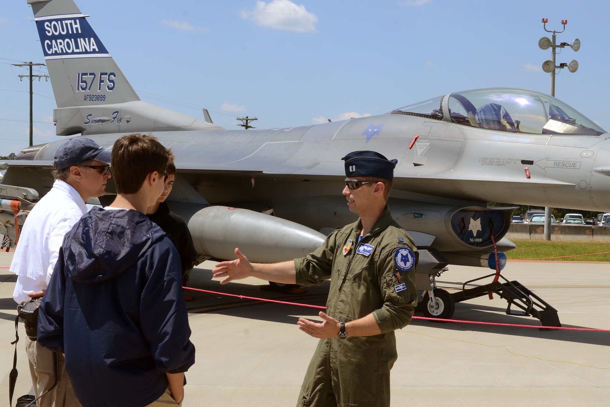 Swamp Fox Airmen and families gather for fun and fellowship during the 169th Fighter Wing Family Day at McEntire Joint National Guard Base, S.C., May 2, 2015. Local businesses and base support programs provided food and event activities to show their appreciation for the continued service of South Carolina Air National  Guard and 169th Fighter Wing families and Airmen. (U.S. Air National Guard photo by Senior Master Sgt. Edward Snyder/Released)