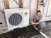 Master Sgt. Kevin Shows, 403rd Civil Engineer Squadron heating, ventilation and air conditioning craftsman, works on a condensing unit for an air conditioner May 5 at the 53rd Weather Reconnaissance Squadron “Hurricane Hunters” facilities at their forward operating location at the Henry E. Rohlsen Airport, St. Croix, U.S. Virgin Islands. This is slated to be the last storm season for the civil engineers to maintain the facility in St. Croix due to the 403rd CES scheduled inactivation Sept. 15, 2015. (Courtesy photo)