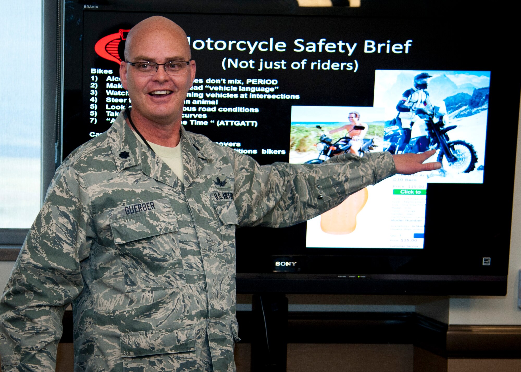 PETERSON AIR FORCE BASE, Colo. – Lt. Col. Mark Guerber, 16th Space Control Squadron commander and avid motorcyclist, discusses proper personal protective equipment during a motorcycle safety briefing April 2. According to Air Force Safety Center, motorcycle and automobile accidents are the leading cause of death among service members while off-duty, which is why this training is vital to ensuring riders and drivers alike are safe and educated while on the road. (U.S. Air Force photo by Staff Sgt. J. Aaron Breeden)