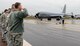 Team Mildenhall leadership salute a KC-135 Stratotanker piloted by U.S. Air Force Col. Kenneth T. Bibb, Jr., 100th Air Refueling Wing commander, as part of his “fini-flight” May 12, 2015, on RAF Mildenhall, England. This flight marked Bibb’s last flight as the 100th ARW commander. (U.S. Air Force photo by Senior Airman Kyla Gifford/Released)