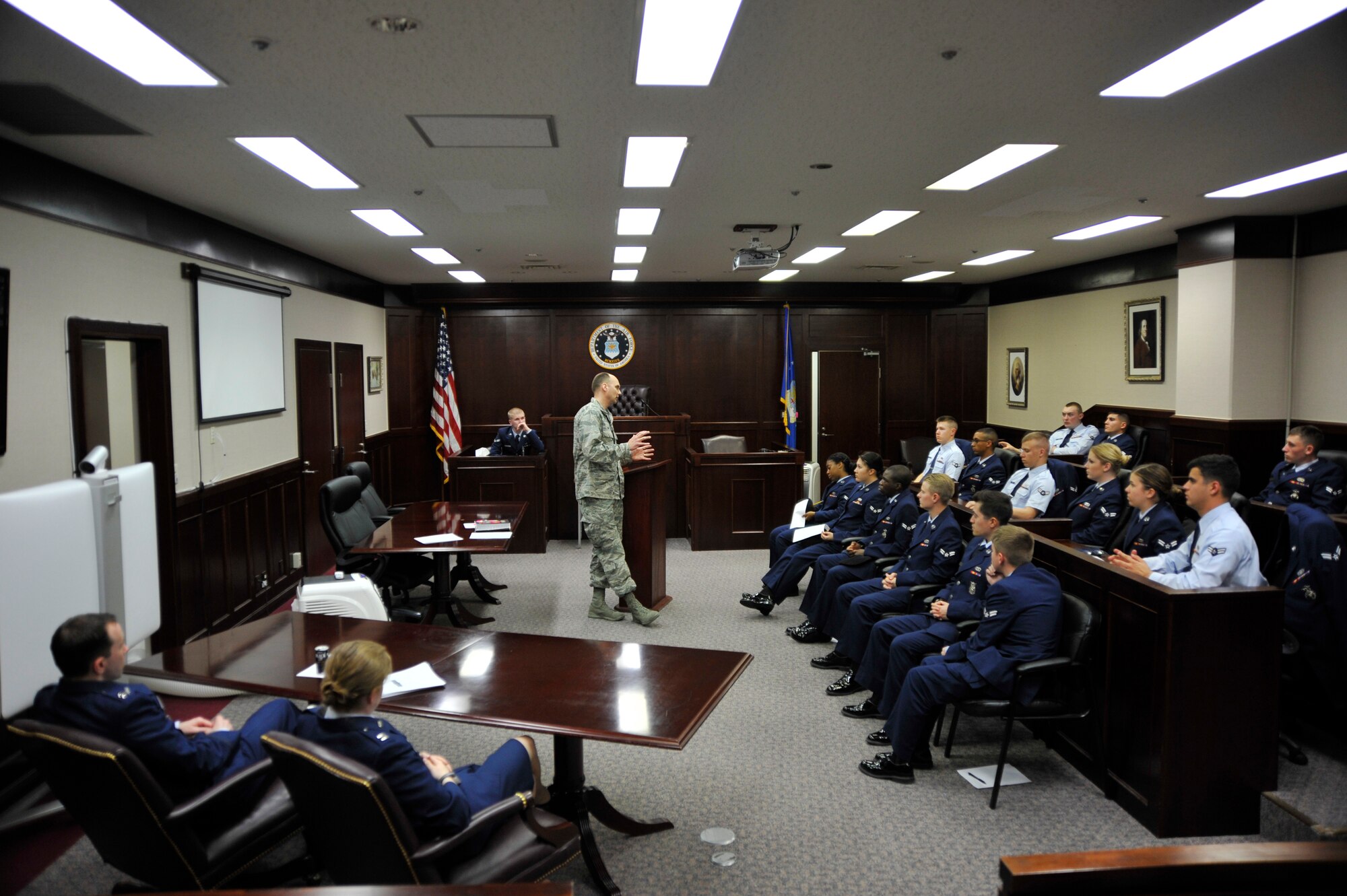 First Term Airman’s Council Airmen participate in a mock sexual assault trial at Misawa Air Base, Japan, April 24, 2015. The mock trials were incorporated into FTAC so first-term Airmen could be exposed to the aftermath of sexual assault in order to understand the importance of taking action to prevent it. (U.S. Air Force photo by Senior Airman Jose L. Hernandez-Domitilo/Released)
