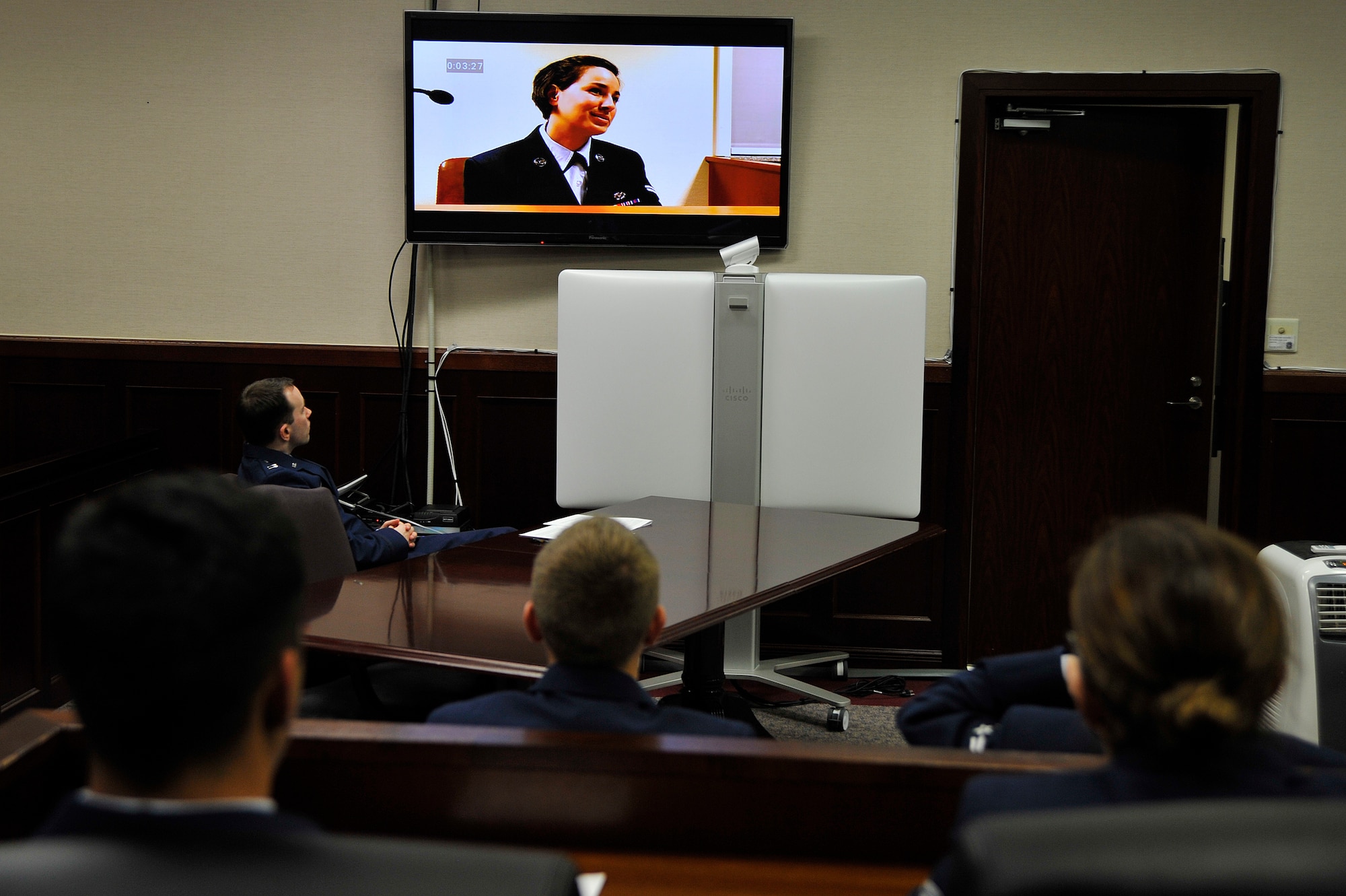 First Term Airman’s Council Airmen watch a testimony during a mock sexual assault trial at Misawa Air Base, Japan, April, 24, 2015. For the first time at Misawa, the 35th Fighter Wing Sexual Assault Prevention and Response office worked with the base legal office to conduct mock trials for first-term Airman entering Misawa in order to present a realistic scenario in which Airmen participate in court proceedings. (U.S. Air Force photo by Senior Airman Jose L. Hernandez-Domitilo/Released)